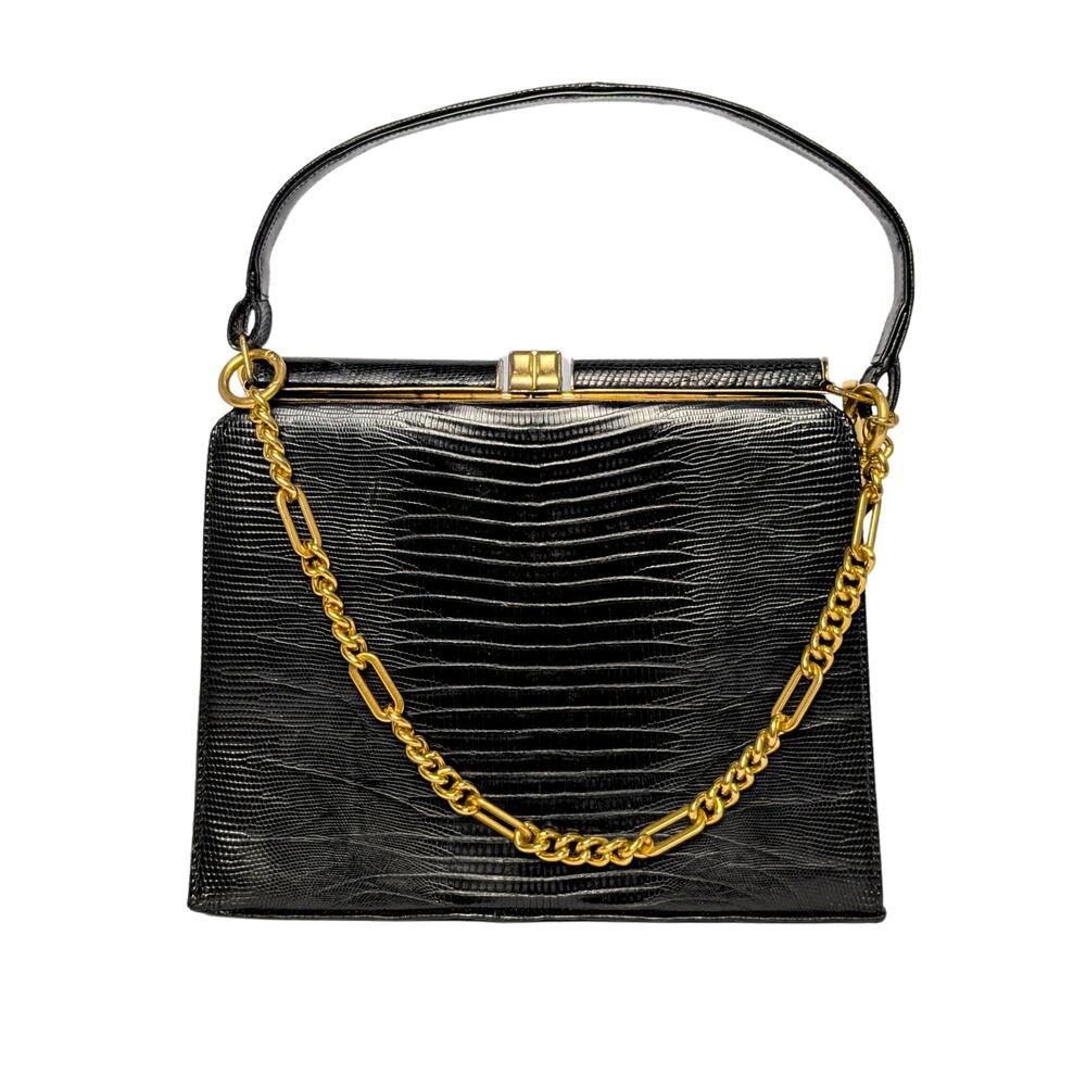 Genuine Lizard Bellestone Vintage Handbag Black Top Handle Purse Crossbody